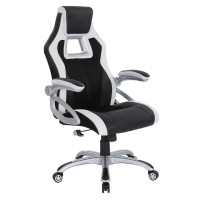 OSP Home Furnishings RCS28736-EC3WH Race Chair in Black with White Trim, White Stitching, and Silver Base